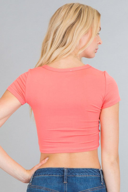 Basic Short Sleeve Crop Top - Coral
