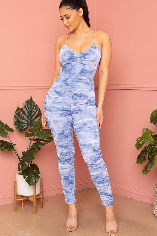 Barb Tie Dye Mesh Jumpsuit - Blue