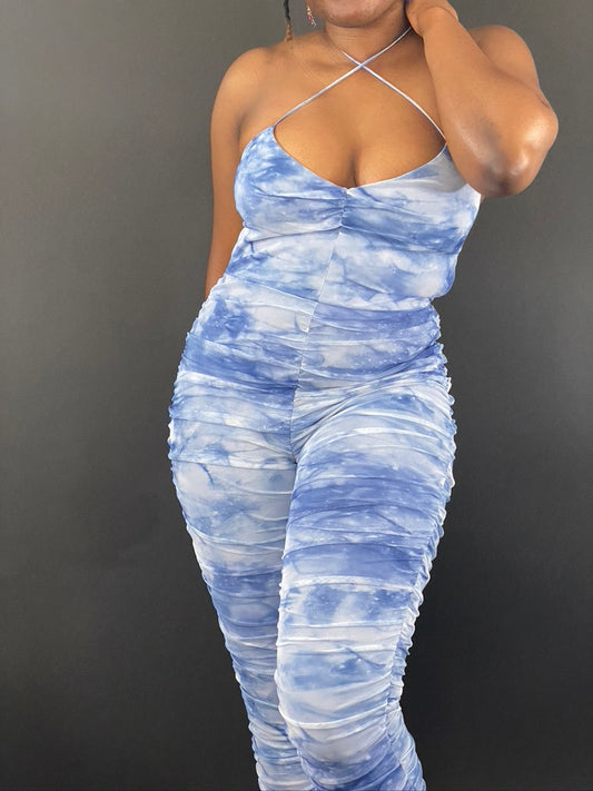 Barb Tie Dye Mesh Jumpsuit - Blue