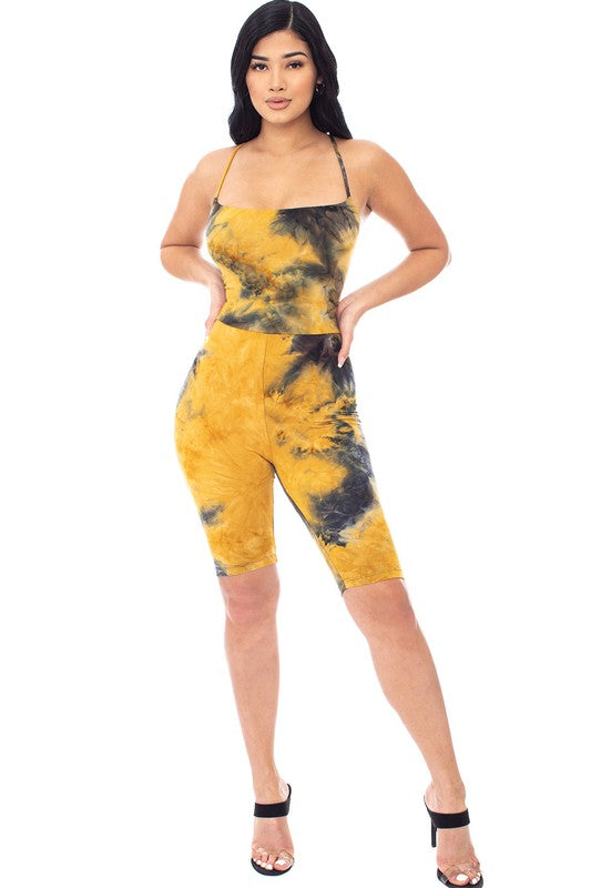 Mari Tie Dye Lace Up Romper - Mustard/Black