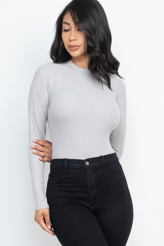 Luxe Mock Neck Ribbed Bodysuit - Grey