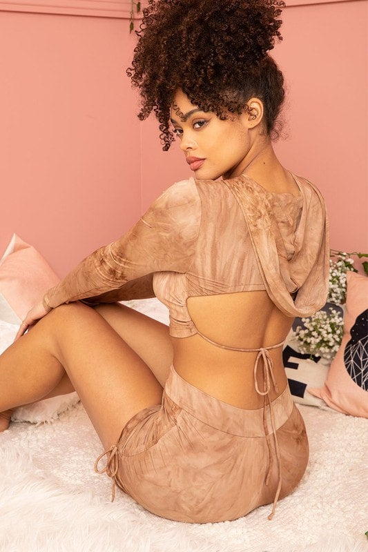 Rena Hooded Tie Dye Shorts Set - Brown
