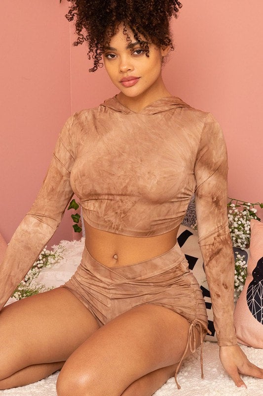 Rena Hooded Tie Dye Shorts Set - Brown