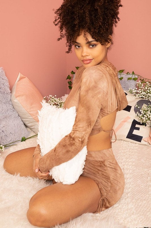 Rena Hooded Tie Dye Shorts Set - Brown