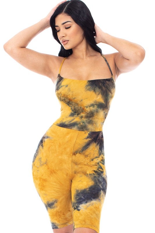 Mari Tie Dye Lace Up Romper - Mustard/Black