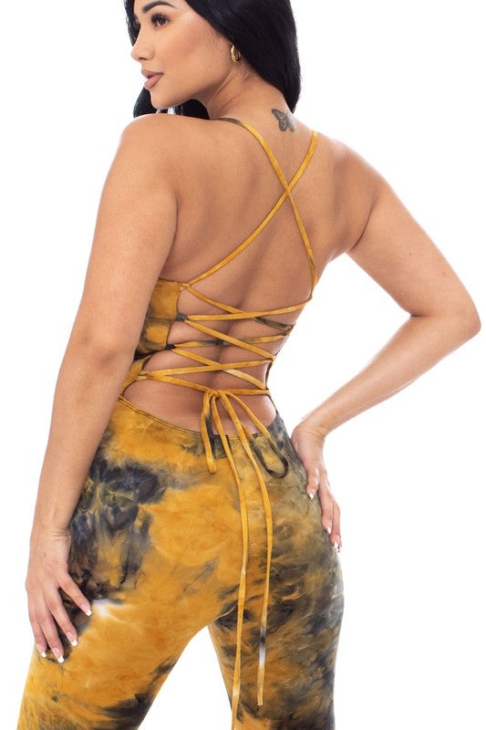Mari Tie Dye Lace Up Romper - Mustard/Black